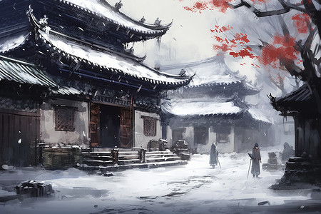 画雪中国传统庭院画插画