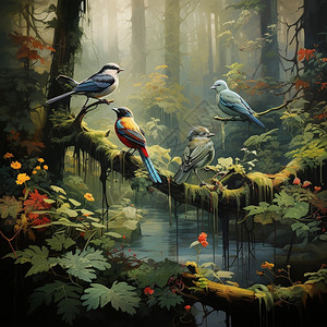 古老森林的花鸟背景图片