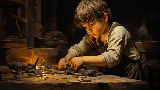 手工木匠小男孩正在用磨刀石磨刀插画