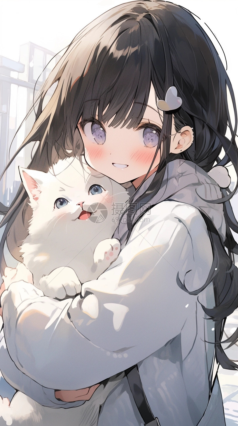 女孩抱着白猫图片