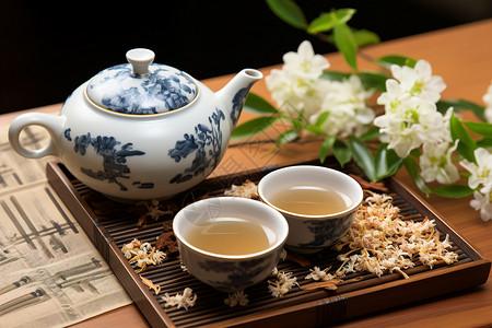 大花鸳鸯茉莉茉莉花香茶饮背景