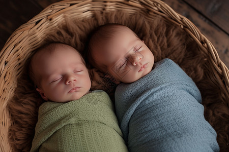 篮子中的可爱双胞胎宝宝图片