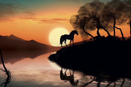 岸边孤独的马插画背景图片