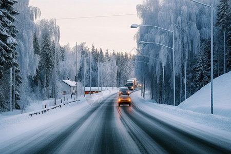 车辆慢行汽车在冰雪路上慢行背景