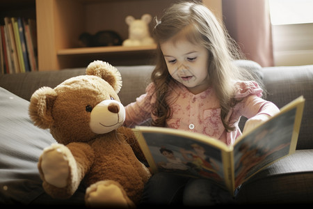 熊看书女孩和玩具熊背景