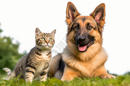 趴在草地上的猫咪与小狗高清图片