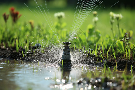 草坪浇水浇灌草坪的洒水器背景