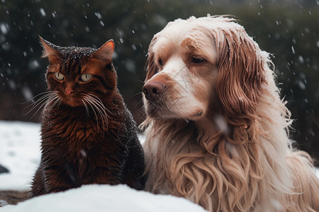 冬季户外的猫狗图片