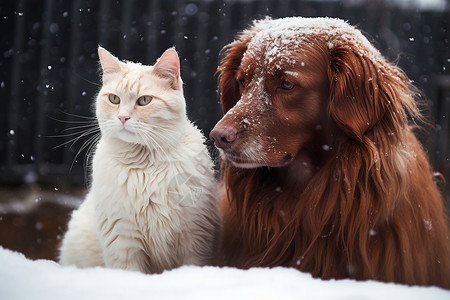 雪地中的猫狗背景图片