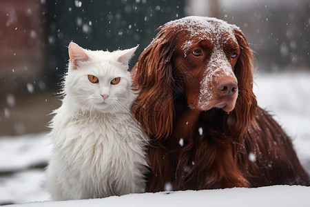 户外雪地中的猫狗背景图片