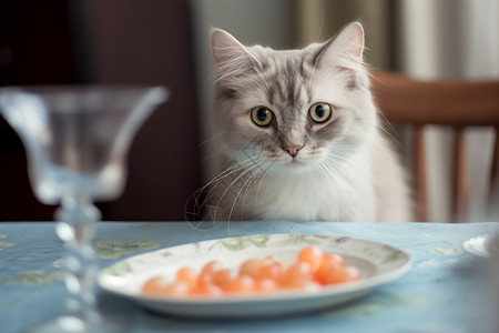 宠物猫咪前的食物图片