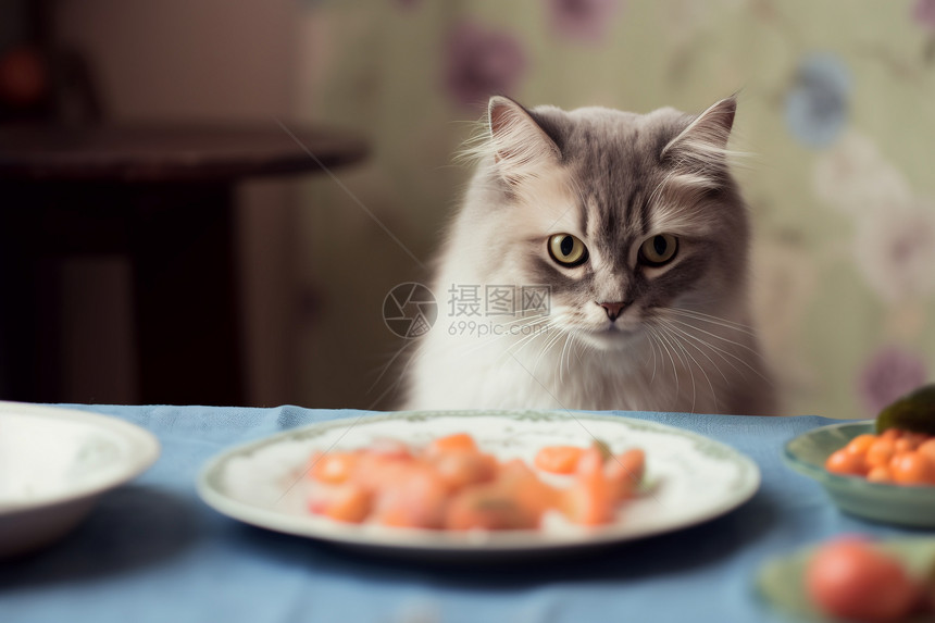 猫咪前的食物图片