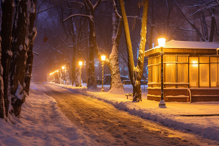 售货亭白雪皑皑的街道背景