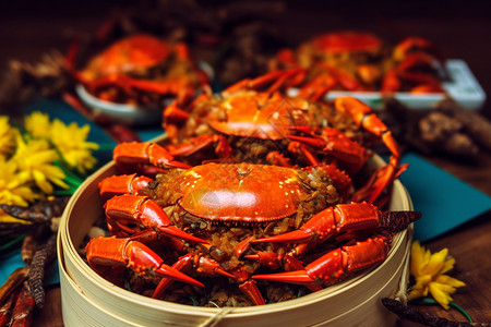 一道美味的大闸蟹晚餐背景图片