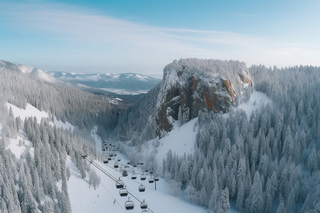 缆车和雪山的鸟瞰图图片