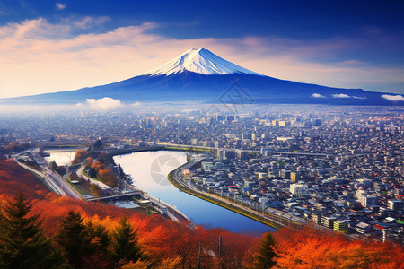 东京城市和富士山背景图片