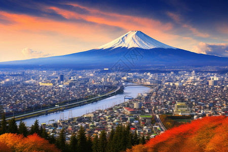 城市雪山东京著名景点富士山背景