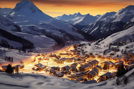 灯火通明的雪山村庄图片