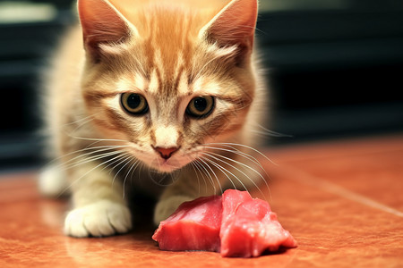 猫咪身旁有块生肉高清图片