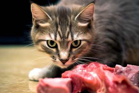 动物肉小猫紧紧盯着肉背景