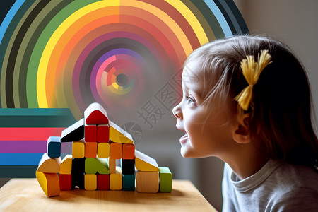 小女孩玩积木儿童的大脑发育设计图片