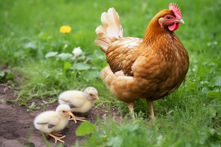 农村养殖场的母鸡和鸡仔高清图片
