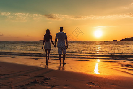 夕阳下牵手散步的情侣背景图片