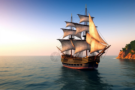 小海盗帆船木质的帆船插画