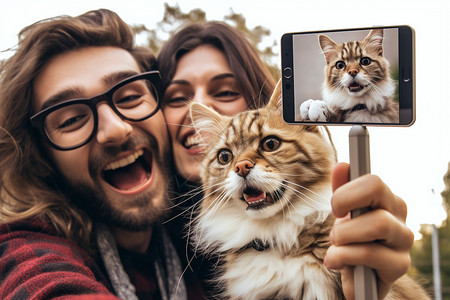 情侣抱着宠物猫自拍图片