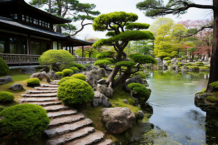 日本岩石花园庭院植物风景背景