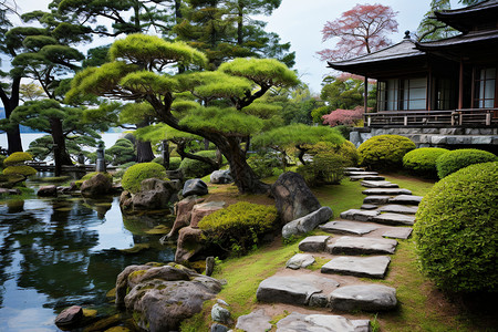 日本岩石花园庭院建筑风景背景