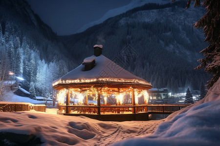 山中木屋雪夜明亮的亭子背景