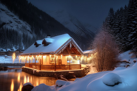 庆祝节日的雪中小屋图片