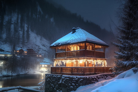 雪中温馨的小屋图片