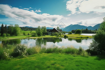 巴伐利亚美丽的乡村池塘背景