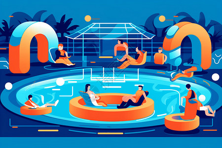 抽象泳池游玩创意插图图片