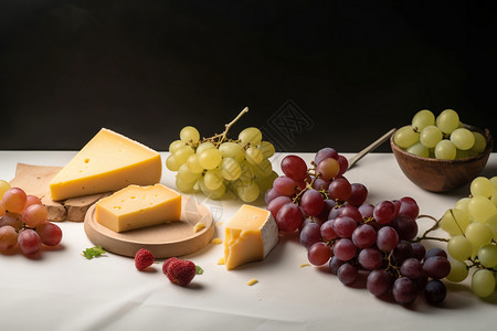 桌面上的乳制品和葡萄背景图片