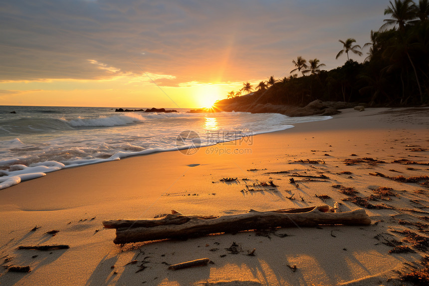 夕阳下美丽的沙滩图片