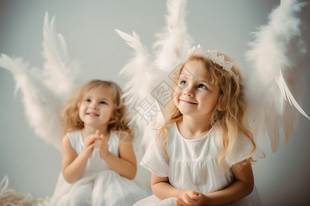 天使羽毛带羽毛翅膀的小女孩背景