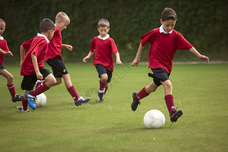 红色足球素材草地上踢球的男孩背景