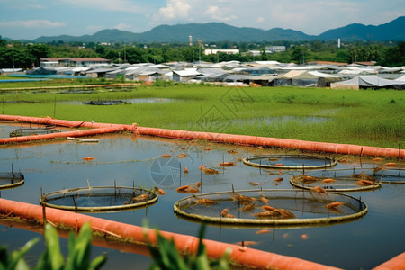 池塘围栏海水养殖的红虾背景