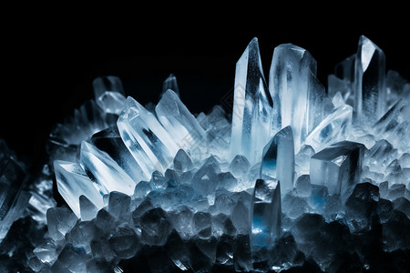 天然水晶黑色背景上发光的矿石设计图片