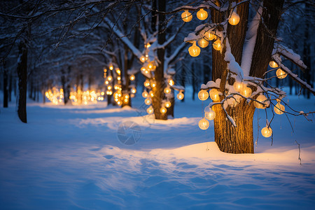 彩灯树圣诞节的雪山景观背景