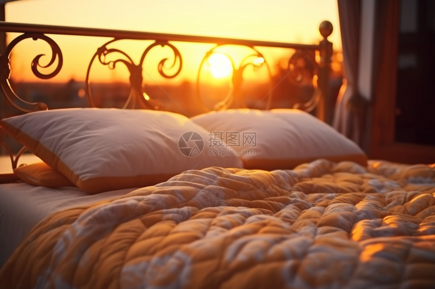 日落时分室外的床铺图片