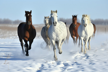 雪地中飞驰的野马图片