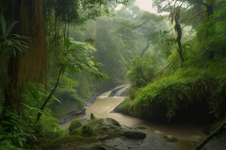 森林中的河流和植被图片