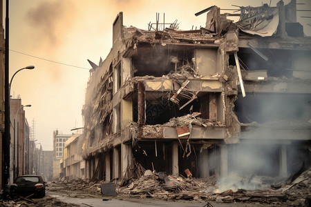 爆炸碎片被战火毁坏后的楼房背景