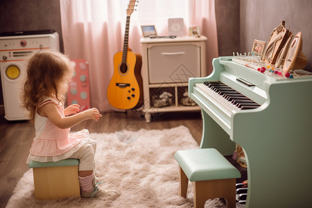 坐在钢琴前的小女孩图片