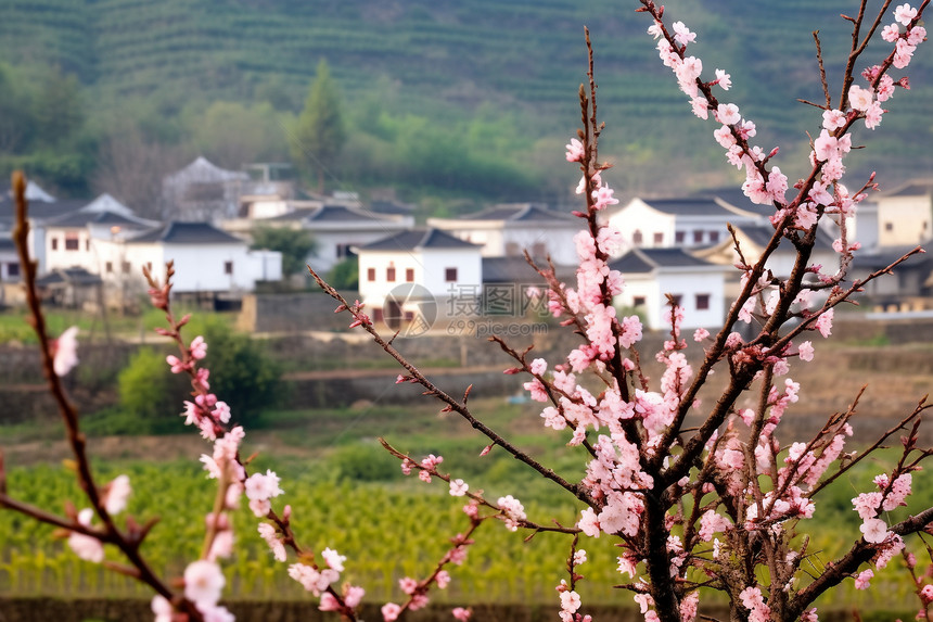 乡村的建筑和桃花图片