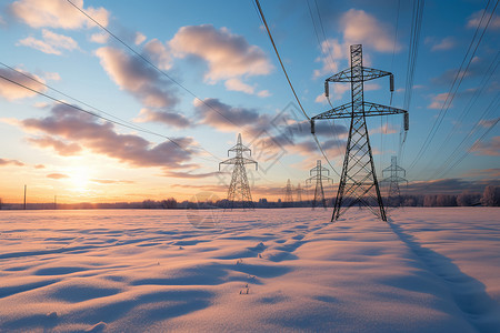 高压电缆日出雪地里的电气塔架背景